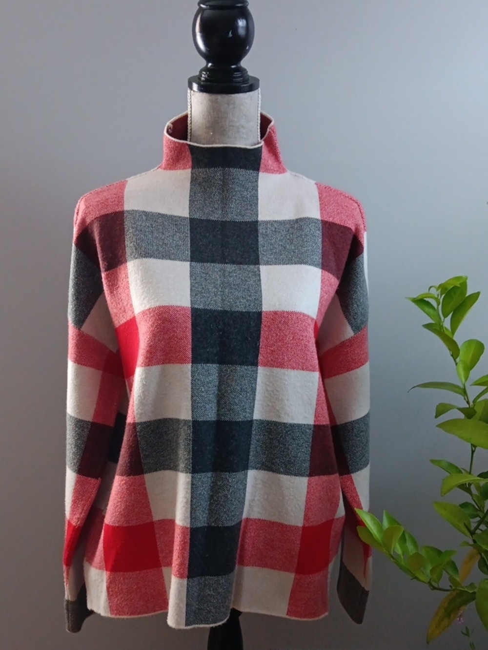 Tahari Red Gray Cream Plaid Mock Neck Sweater - XL
